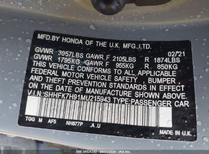 Lot #2991586934 2021 HONDA CIVIC SPORT TOURING