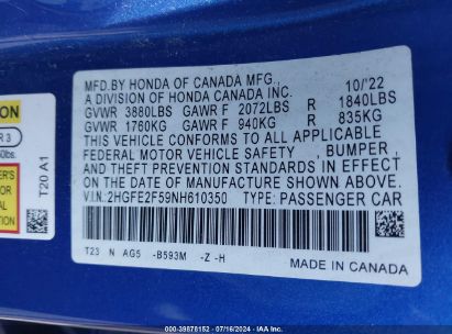 Lot #2992819106 2022 HONDA CIVIC SPORT