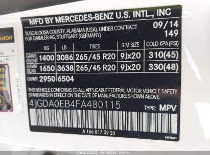 Lot #2992831143 2015 MERCEDES-BENZ ML 250 BLUETEC 4MATIC