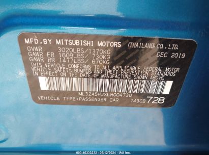 Lot #3046364336 2020 MITSUBISHI MIRAGE LE