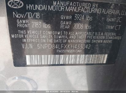 Lot #2992827460 2019 HYUNDAI ELANTRA SEL