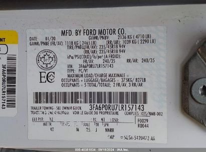 Lot #2992827560 2020 FORD FUSION HYBRID TITANIUM