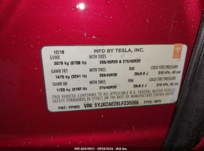 Lot #2995285799 2020 TESLA MODEL X LONG RANGE DUAL MOTOR ALL-WHEEL DRIVE/LONG RANGE PLUS DUAL MOTOR ALL-WHEEL DRIVE