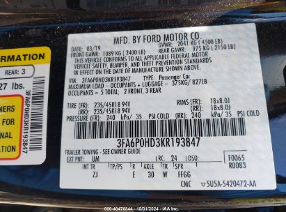 Lot #2996534580 2019 FORD FUSION SE