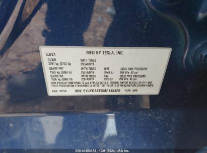 Lot #2992826656 2021 TESLA MODEL Y LONG RANGE DUAL MOTOR ALL-WHEEL DRIVE