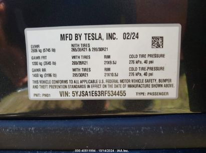 Lot #2995300472 2024 TESLA MODEL S PLAID TRI MOTOR ALL-WHEEL DRIVE