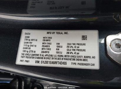 Lot #2996534126 2024 TESLA MODEL 3 REAR-WHEEL DRIVE