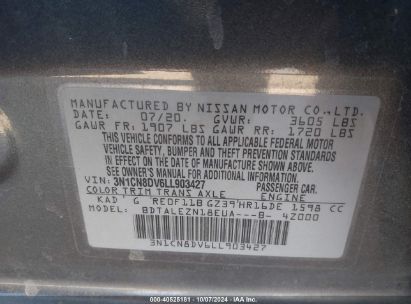 Lot #2992830115 2020 NISSAN VERSA S XTRONIC CVT