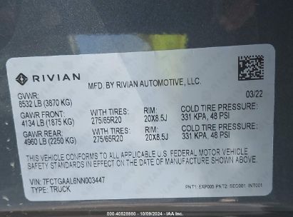 Lot #2992833826 2022 RIVIAN R1T LAUNCH EDITION