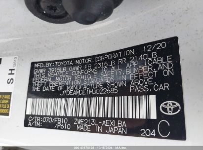 Lot #2995299392 2021 TOYOTA COROLLA HYBRID LE