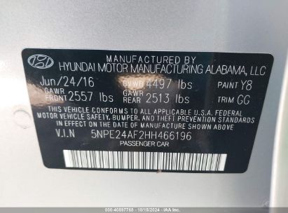 Lot #3035086316 2017 HYUNDAI SONATA SE