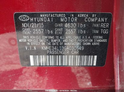 Lot #3037548108 2016 HYUNDAI SONATA HYBRID LIMITED