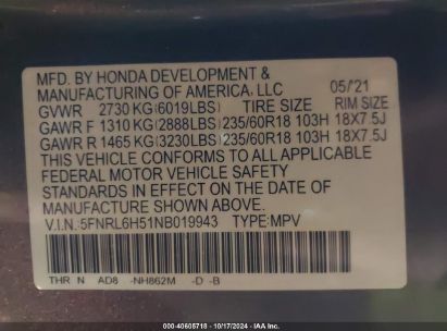 Lot #2995298615 2022 HONDA ODYSSEY EX