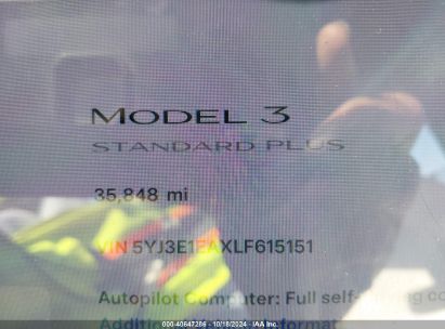 Lot #2992814273 2020 TESLA MODEL 3 STANDARD RANGE PLUS REAR-WHEEL DRIVE/STANDARD RANGE REAR-WHEEL DRIVE