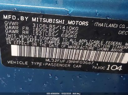 Lot #2990347827 2022 MITSUBISHI MIRAGE G4 ES