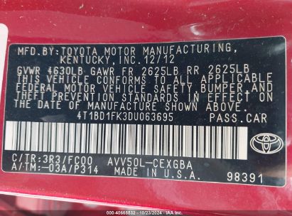 Lot #3053064296 2013 TOYOTA CAMRY HYBRID XLE