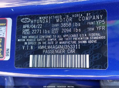 Lot #3035085595 2022 HYUNDAI ELANTRA SEL