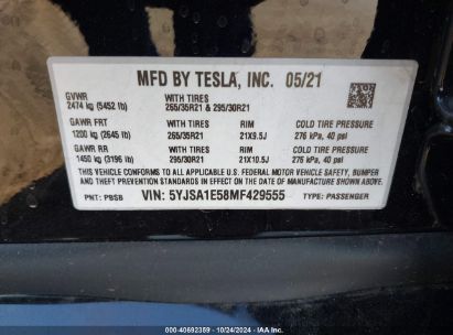 Lot #2992832711 2021 TESLA MODEL S LONG RANGE DUAL MOTOR ALL-WHEEL DRIVE