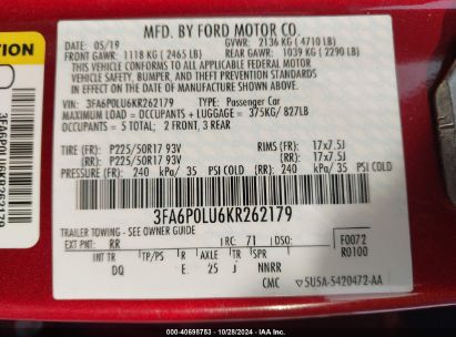 Lot #2992822706 2019 FORD FUSION HYBRID SE