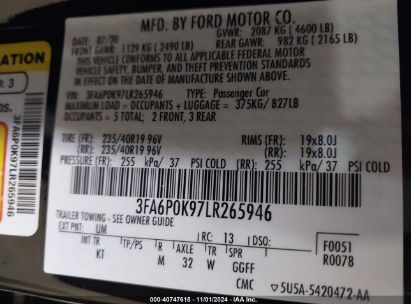 Lot #2990347039 2020 FORD FUSION TITANIUM