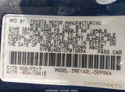 Lot #2992822196 2012 TOYOTA COROLLA S