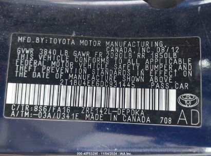 Lot #2995295997 2013 TOYOTA COROLLA L