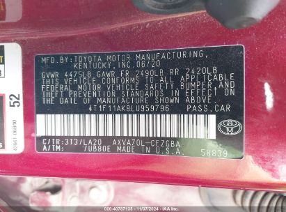 Lot #3035073150 2020 TOYOTA CAMRY XLE