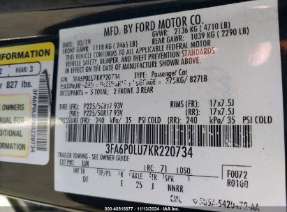 Lot #3056071778 2019 FORD FUSION HYBRID SE