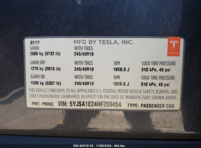 Lot #2992832126 2017 TESLA MODEL S 100D/60D/75D/90D/P100D