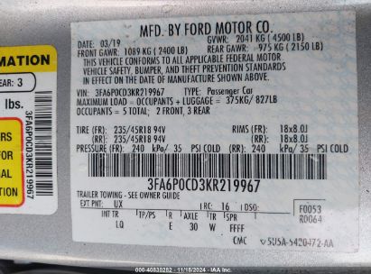 Lot #3035072796 2019 FORD FUSION SEL