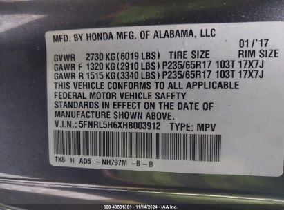 Lot #3034472695 2017 HONDA ODYSSEY EX-L