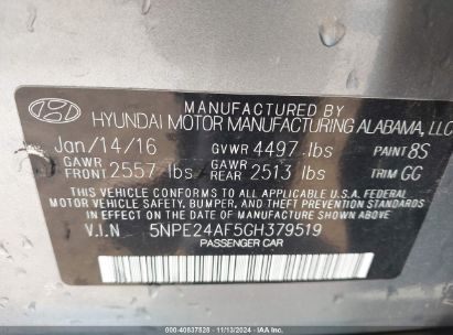 Lot #3053062803 2016 HYUNDAI SONATA SE