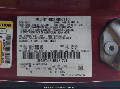 Lot #3045353962 2016 FORD FUSION S