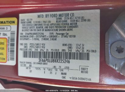 Lot #3035093821 2019 FORD FUSION HYBRID SE