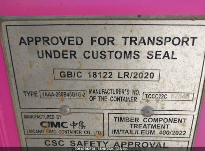 Lot #2992828900 2022 TAICANG CIMC CONTAINER TYPE 1AAA-280B45G1G2