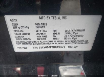 Lot #3042568187 2022 TESLA MODEL Y LONG RANGE DUAL MOTOR ALL-WHEEL DRIVE