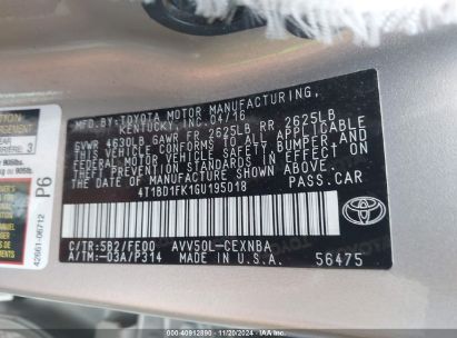 Lot #3037541798 2016 TOYOTA CAMRY HYBRID LE