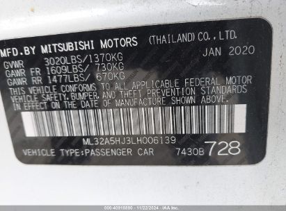 Lot #3035069964 2020 MITSUBISHI MIRAGE LE