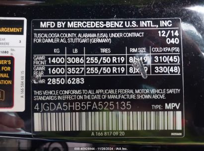 Lot #3050078967 2015 MERCEDES-BENZ ML 350 4MATIC