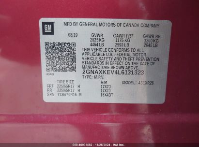 Lot #3037525094 2020 CHEVROLET EQUINOX FWD LT 1.5L TURBO