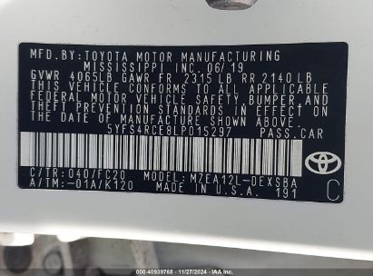 Lot #3053062247 2020 TOYOTA COROLLA SE