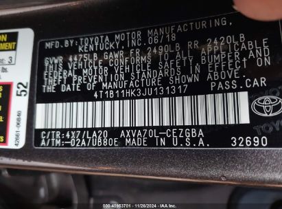 Lot #3034052456 2018 TOYOTA CAMRY XLE