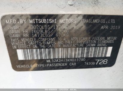 Lot #3053061477 2019 MITSUBISHI MIRAGE ES/RF