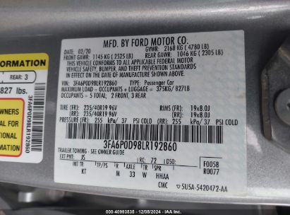 Lot #3035707908 2020 FORD FUSION TITANIUM