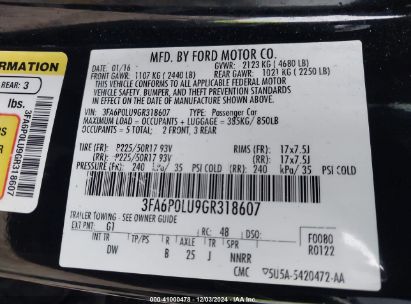 Lot #3056477983 2016 FORD FUSION HYBRID SE