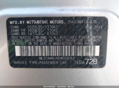 Lot #3053061861 2014 MITSUBISHI MIRAGE ES