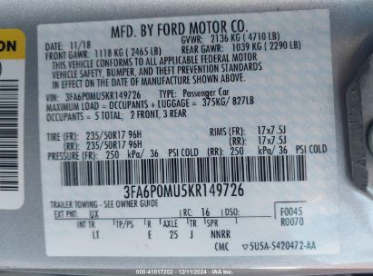 Lot #3053061327 2019 FORD FUSION HYBRID SEL