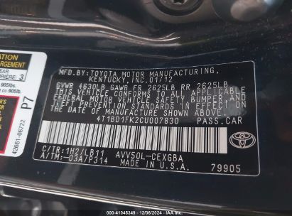 Lot #3052080090 2012 TOYOTA CAMRY HYBRID XLE