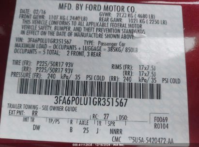 Lot #3042564363 2016 FORD FUSION HYBRID SE