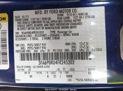 Lot #3050072751 2015 FORD FUSION HYBRID TITANIUM